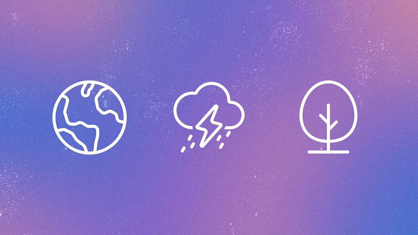 Earth, storm cloud, and tree icons on a purple gradient background.