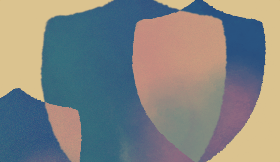 Abstract illustration of overlapping translucent blue, purple, and peach shapes on a light background.