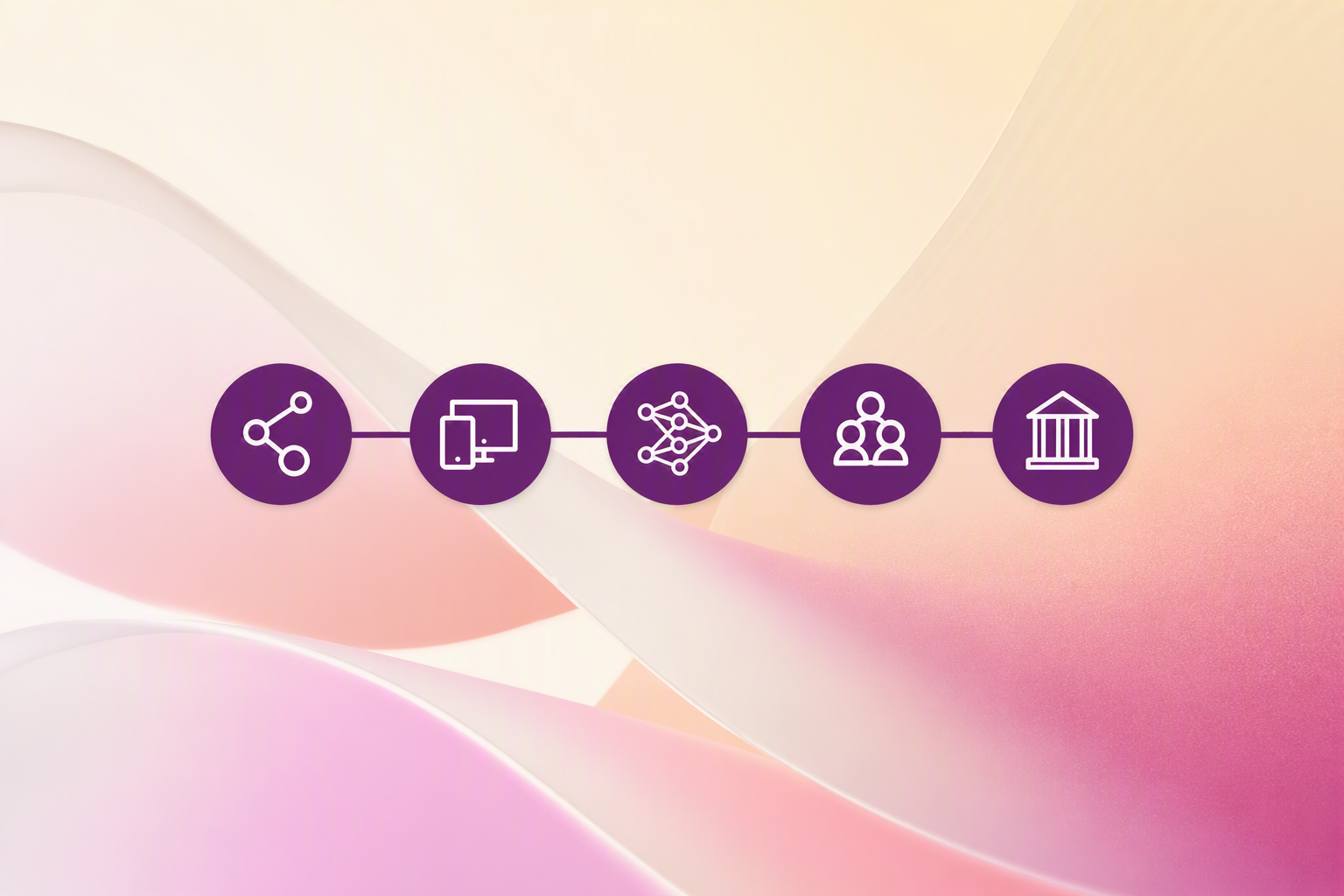 Five connected purple icons on a soft pastel pink, cream, and lavender abstract background, arranged in a horizontal roadmap-style sequence.