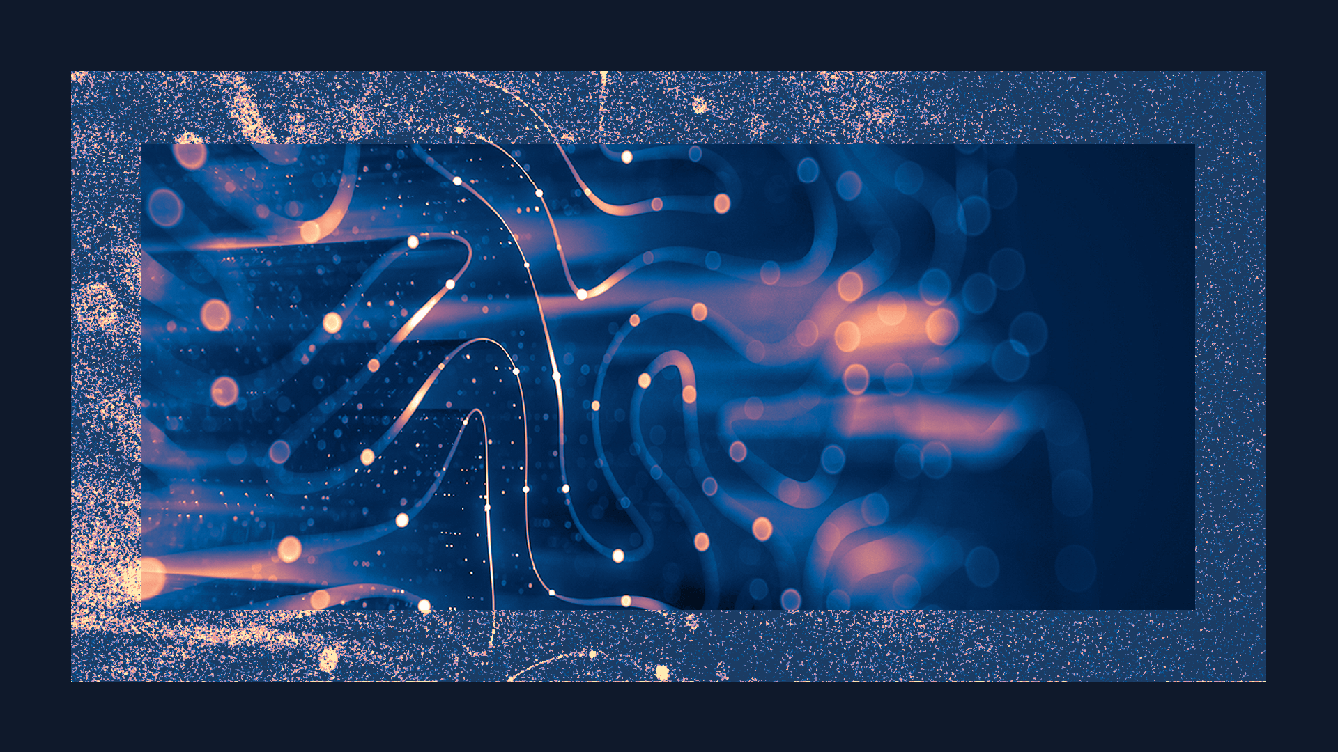 Abstract illustration of glowing data points and flowing digital pathways on a blue background.