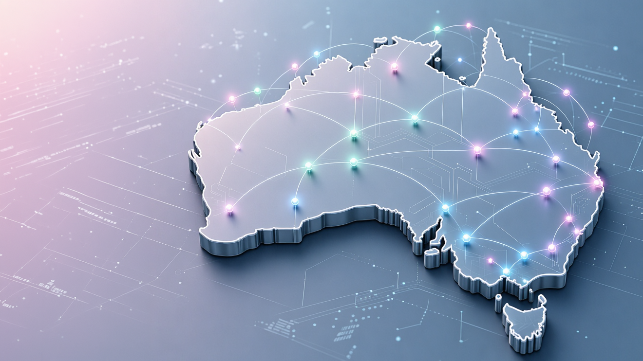 Map of Australia with glowing network nodes connected by curved lines, illustrating nationwide digital connectivity.