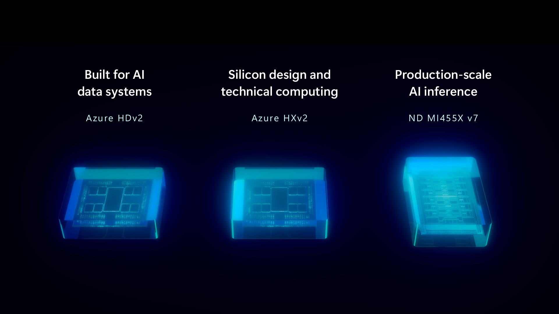 Three glowing blue processor chips labeled for AI data systems, technical computing, and AI inference workloads.
