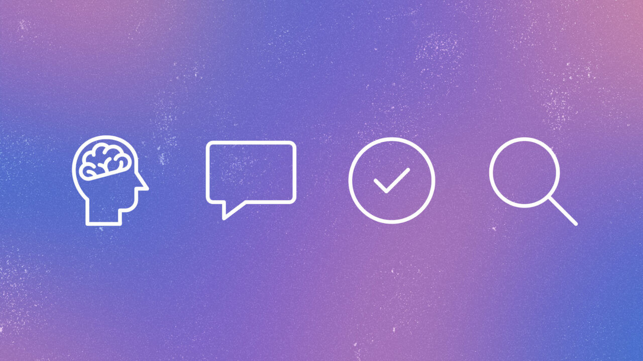 White icons representing the brain, speech, understanding and search on a purple-blue gradient background.