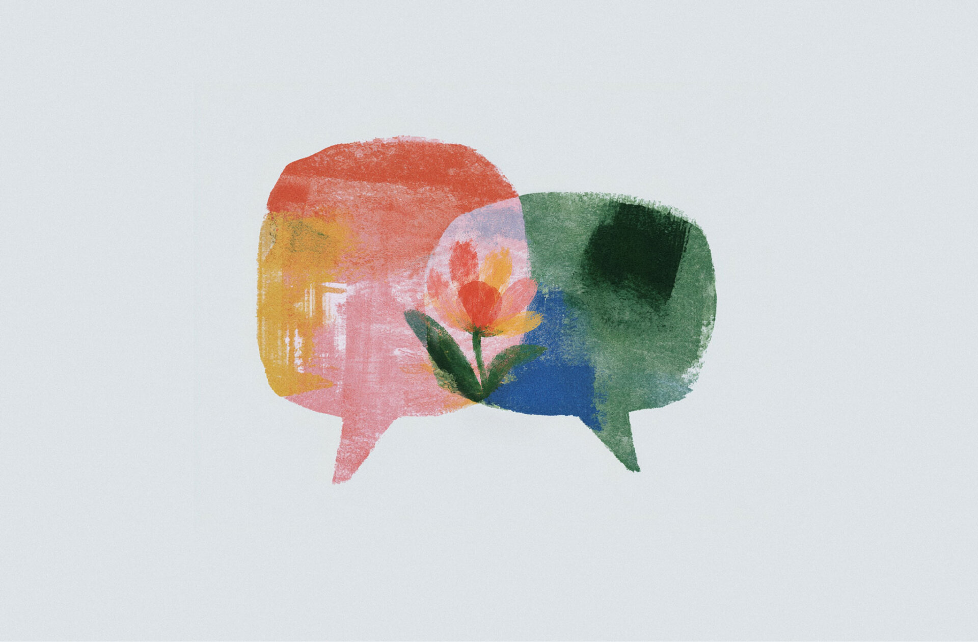 Abstract illustration of two overlapping speech bubbles in warm pink, orange, green, and blue tones, with a flower blooming at the center where the bubbles meet, symbolizing conversation, connection, and shared understanding.