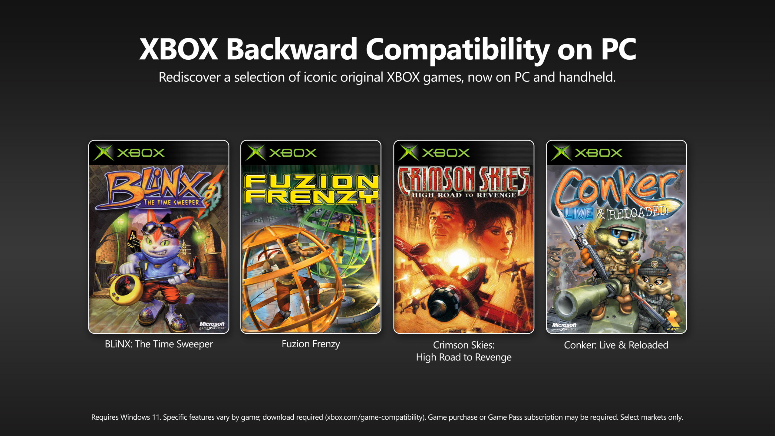Xbox backward compatibility on PC featuring original Xbox games including Blinx, Fuzion Frenzy, Crimson Skies, and Conker: Live & Reloaded.
