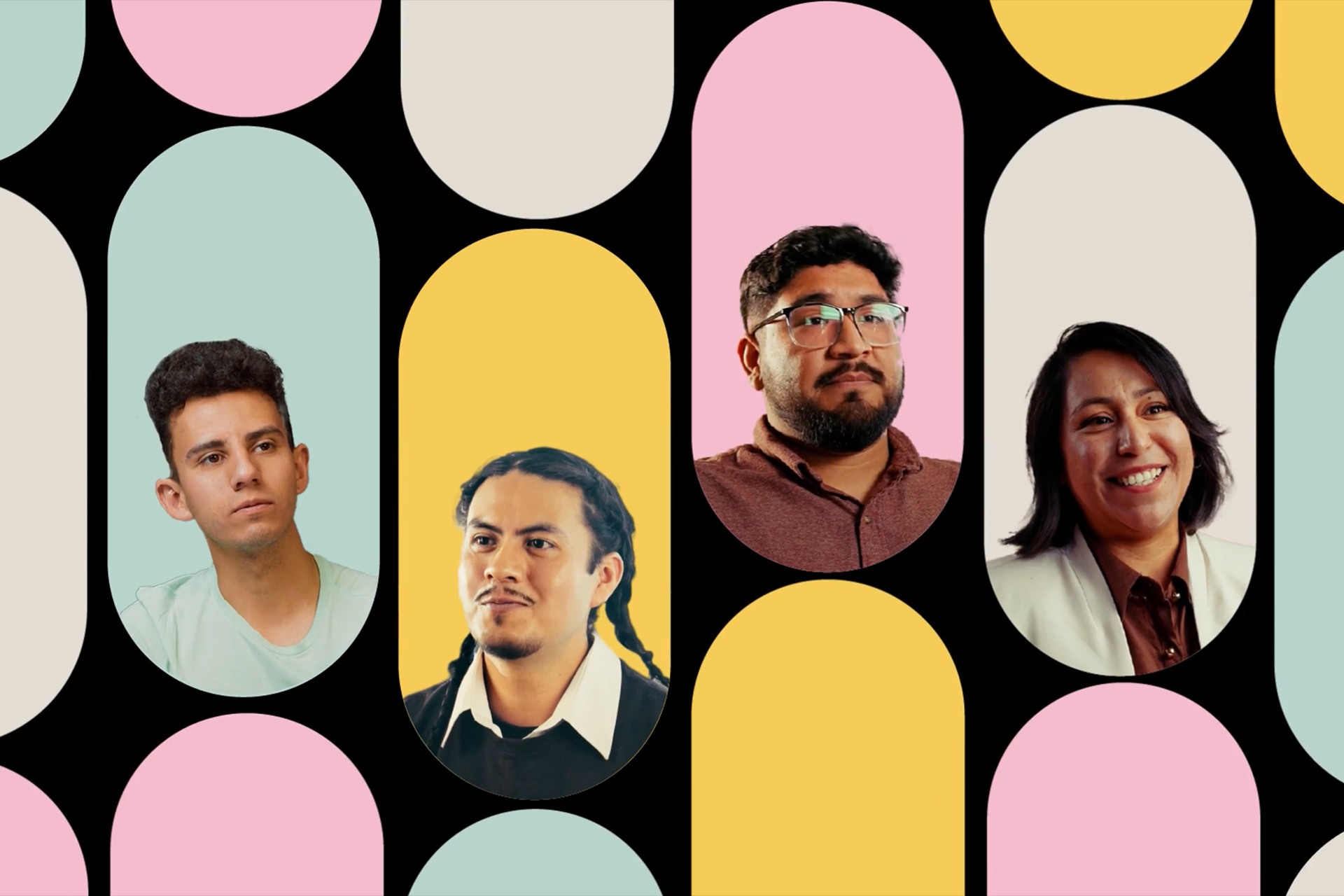 Four portrait photos framed within colorful rounded arch shapes on a black patterned background.