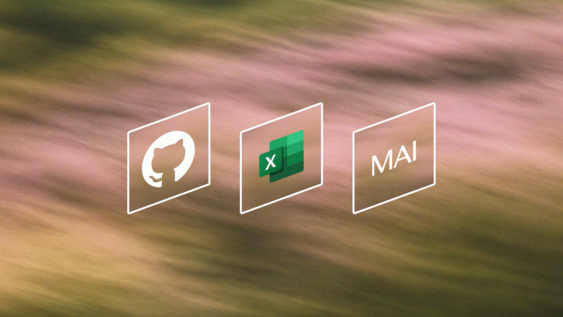 Github, Excel and MAI logos in white outline boxes on a green and pink watercolor-style background.