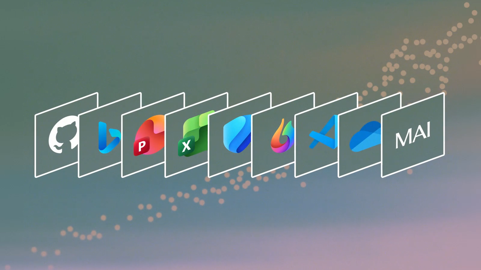 Logos of AI and developer tools displayed in layered panels, ending with a Microsoft AI (MAI) graphic.