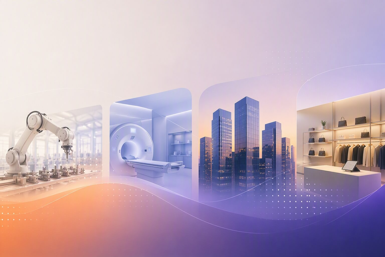 Abstract illustration showing industrial automation, medical imaging, urban buildings, and retail storefronts connected within a digital, gradient-themed design.