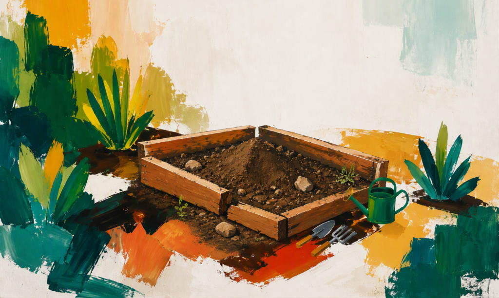 Painterly illustration of a gloved hand planting seeds in a garden bed.