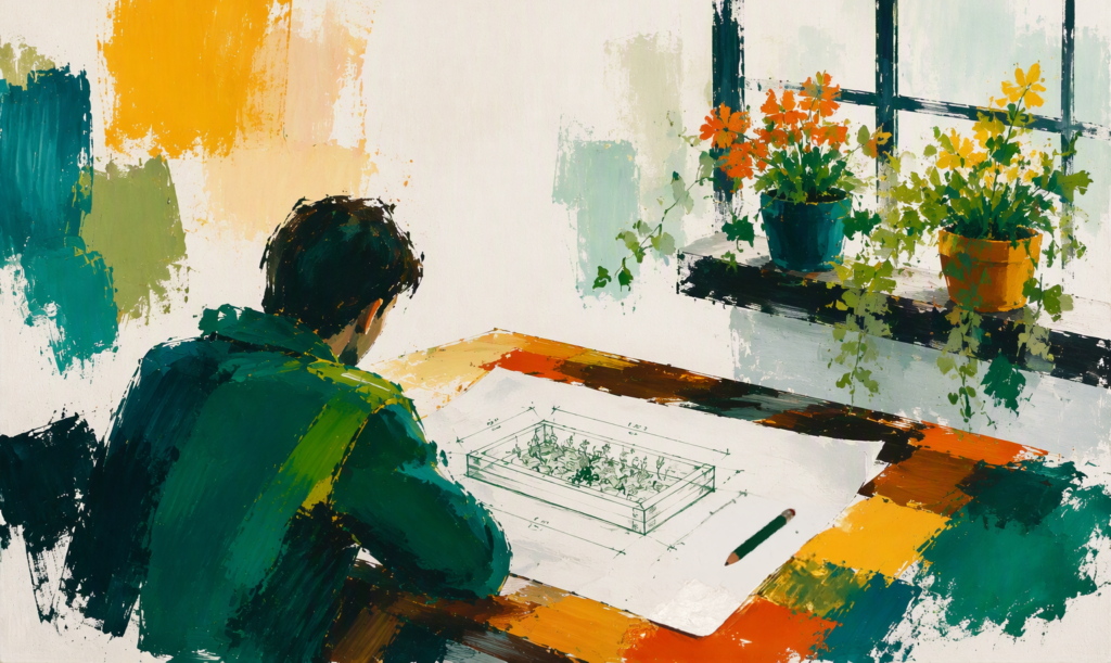 Painterly illustration of a person sketching a garden plan beside a window with potted plants.