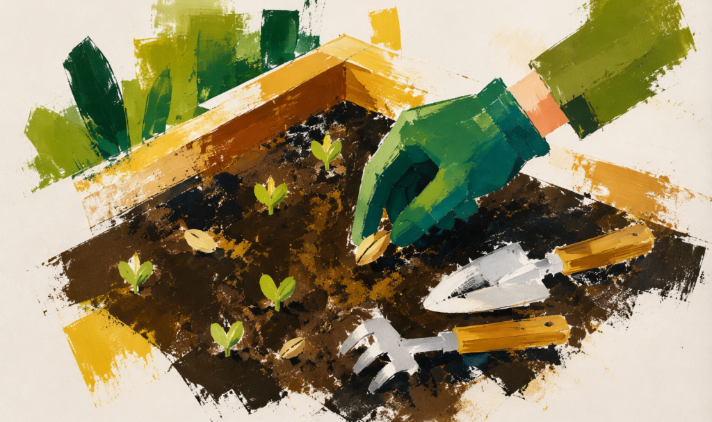 Painterly illustration of a person watering plants in a raised garden bed.