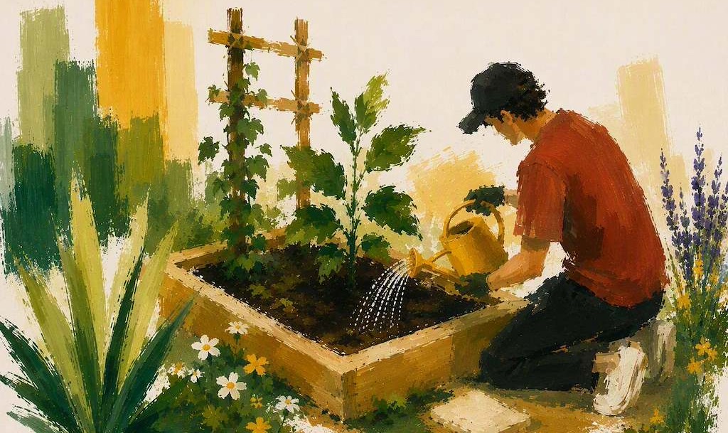 Painterly illustration of a man watering a garden.