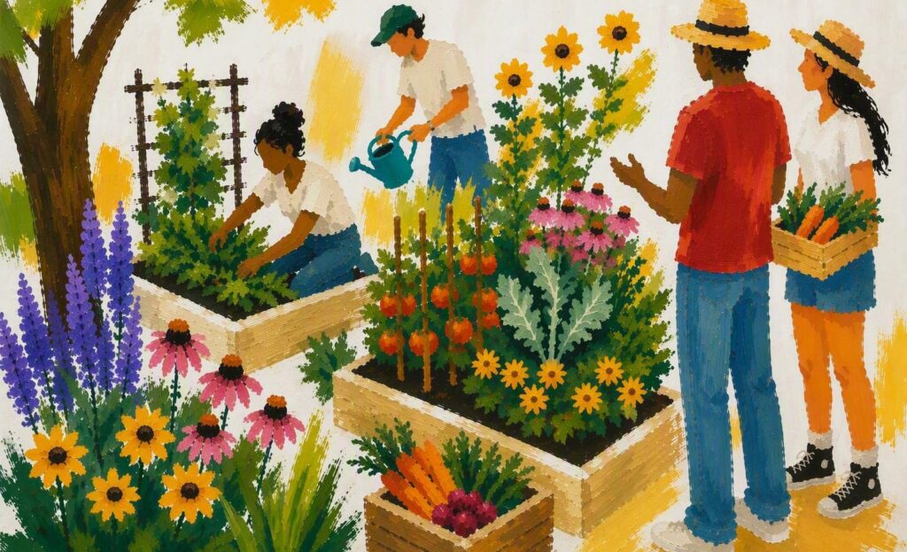 Painterly illustration of people tending a community garden with flowers and vegetables.
