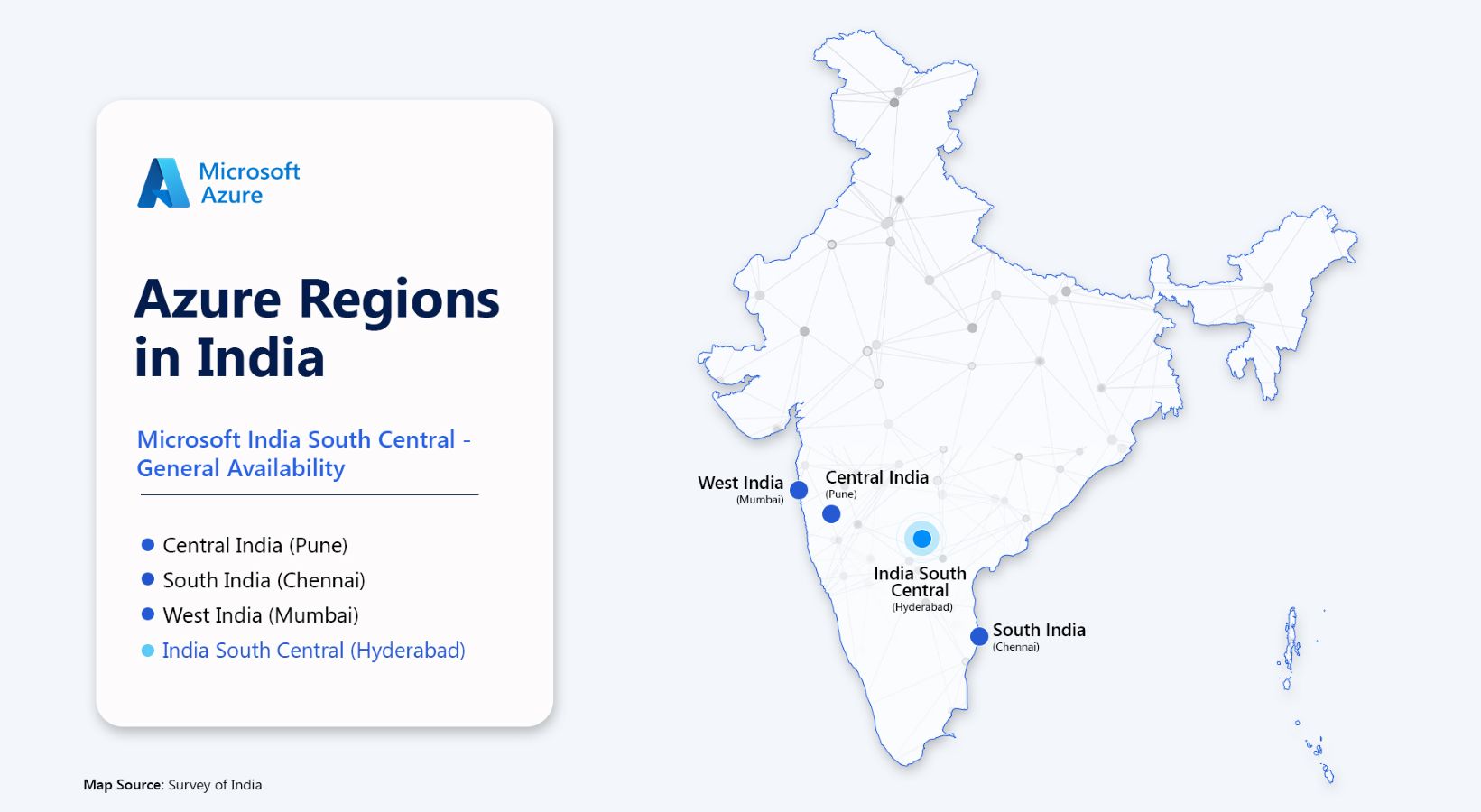 Map of India showing Microsoft's four Azure cloud regions, including the new Hyderabad region.
