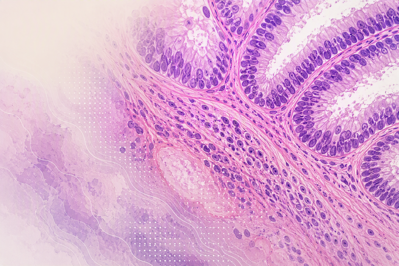 Microscopic view of stained tissue cells in shades of pink and purple.
