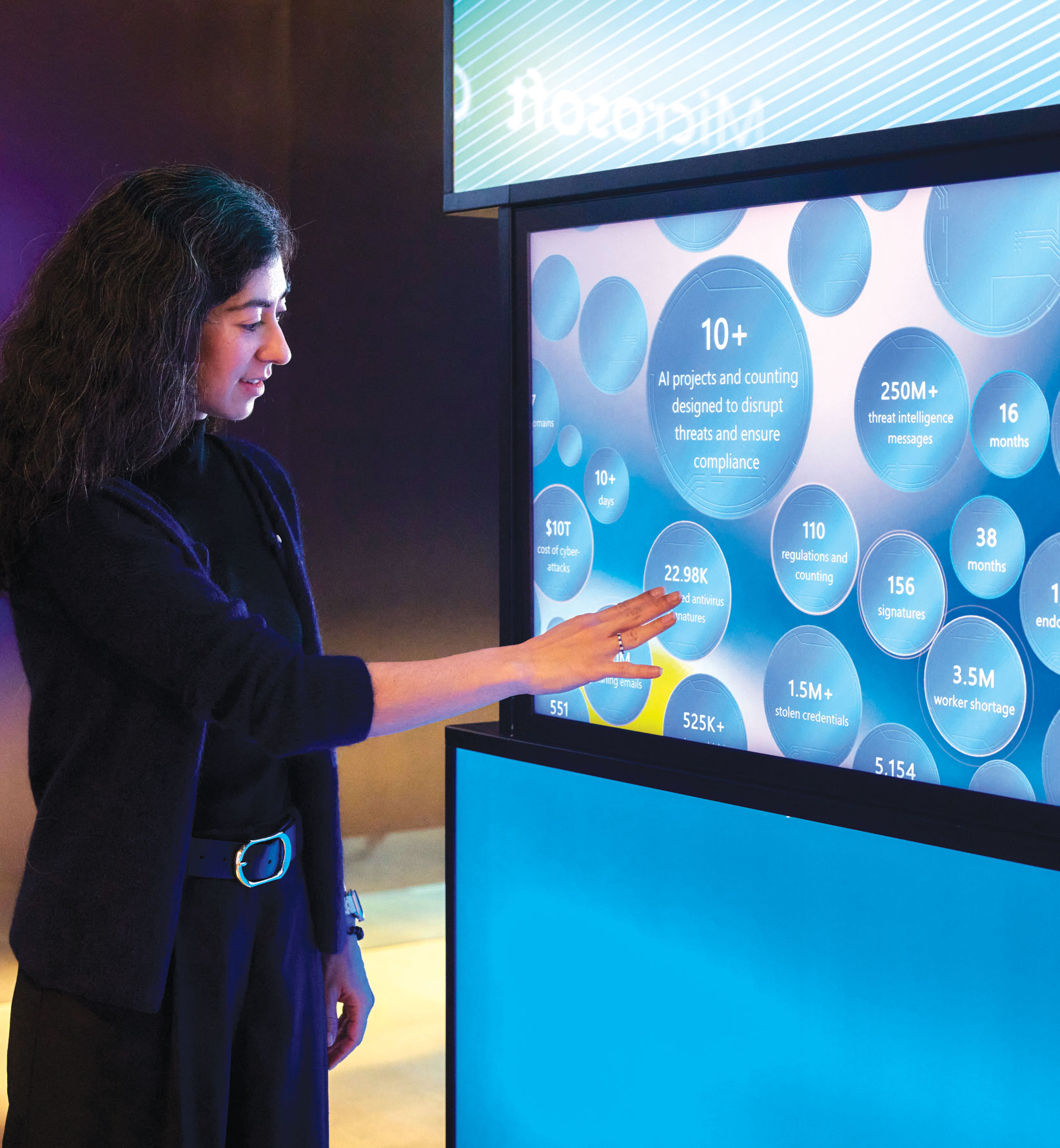 A woman interacts with a large touchscreen display showing data visualizations and statistics related to AI projects and cybersecurity, including circular infographics with numbers and text.