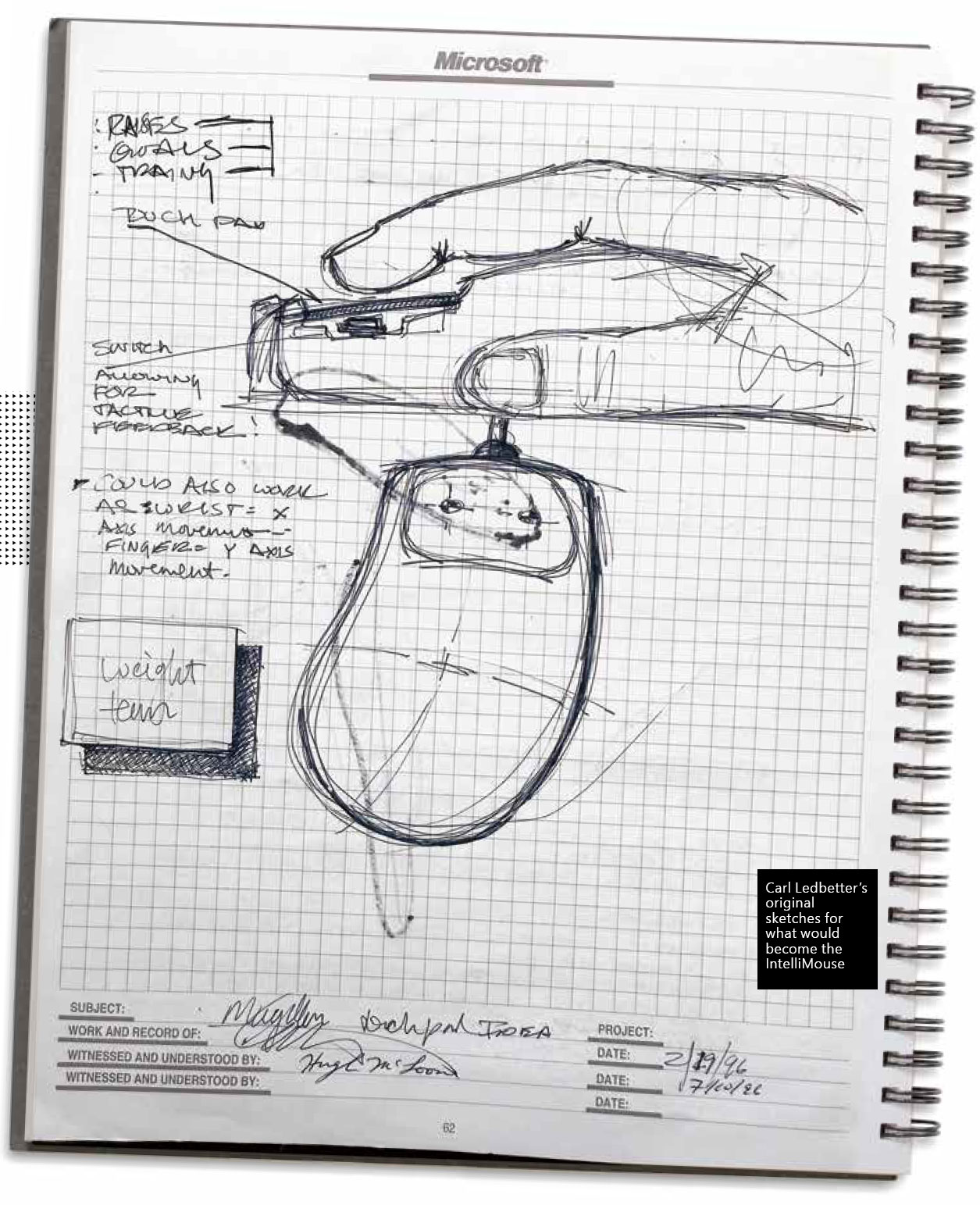 A hand-drawn sketch of a computer mouse labeled "IntelliMouse" on graph paper, with handwritten notes pointing to design features, including a scroll wheel. The notebook is spiral-bound and branded “Microsoft.”.