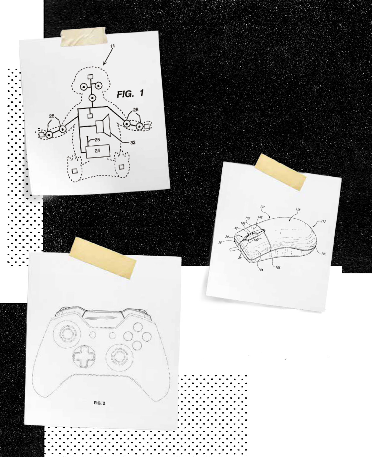 Three sheets of paper taped to a black-and-white patterned background display technical drawings: a game controller diagram, a schematic of a computer mouse, and a sketch of a modern game controller.