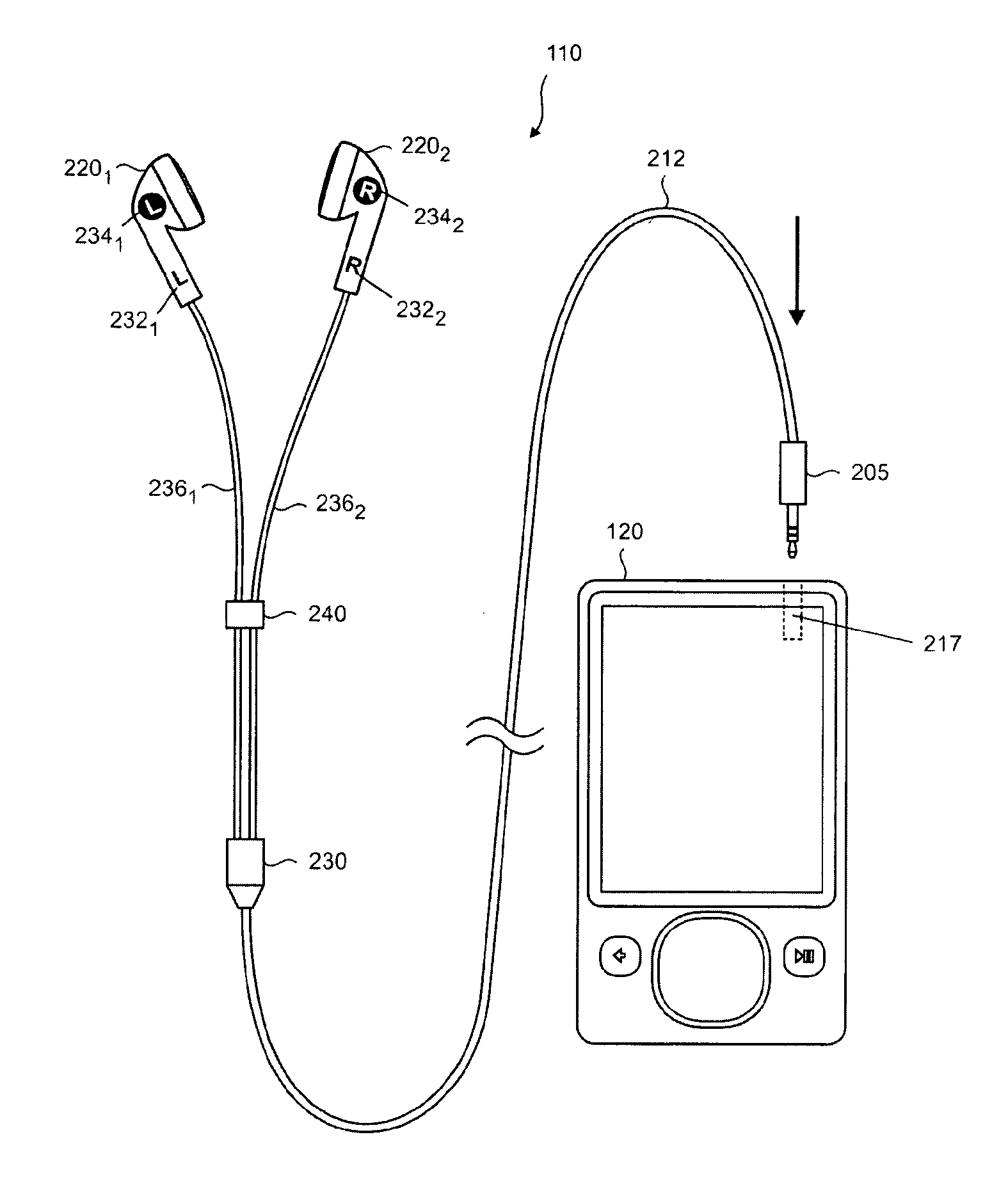 Line drawing of a portable media player connected by a cable to a pair of earphones, each earphone labeled for left and right. The media player has buttons and a display screen.