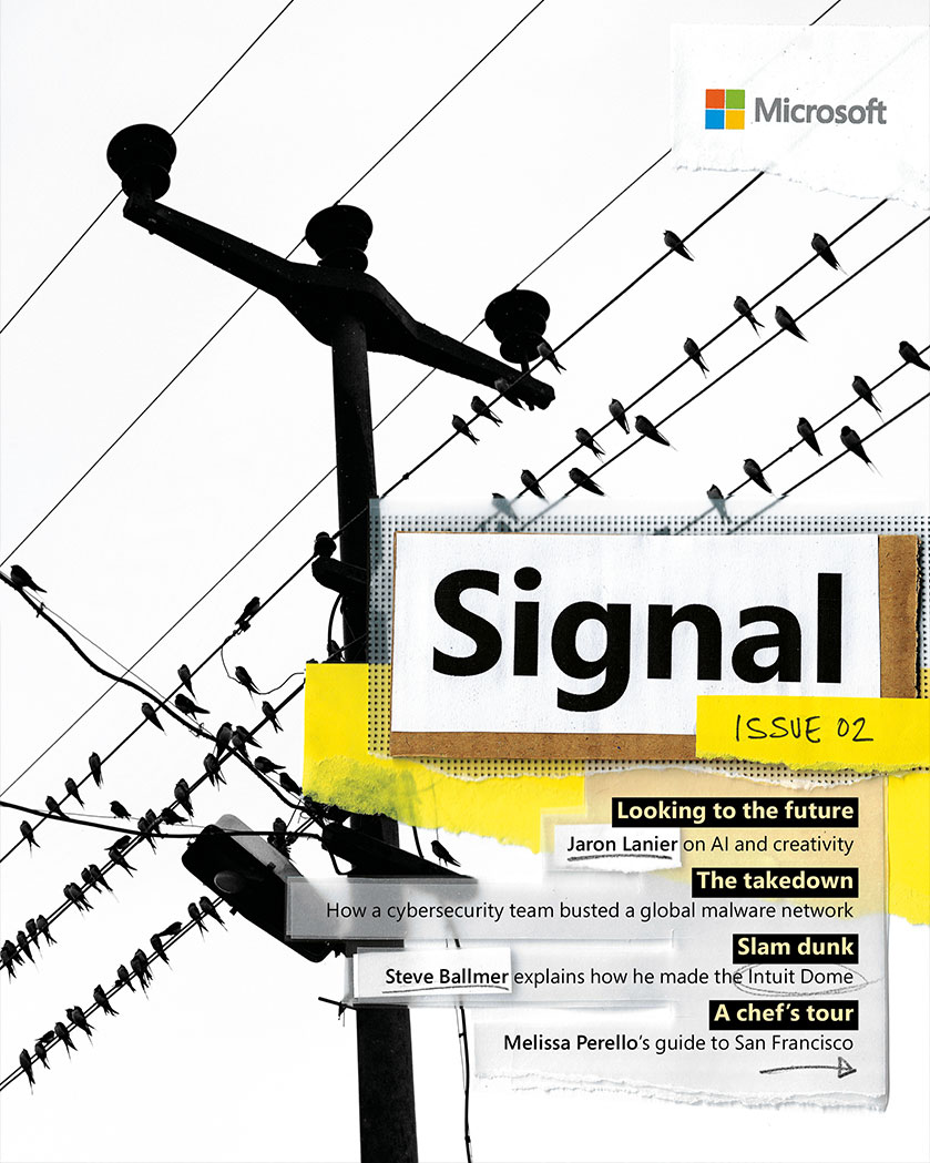 Cover of "Signal" magazine, Issue 02, featuring birds perched on power lines. Headlines include topics on AI, cybersecurity, a global malware network, Steve Ballmer, and a San Francisco chef’s tour. Microsoft logo in the top right.