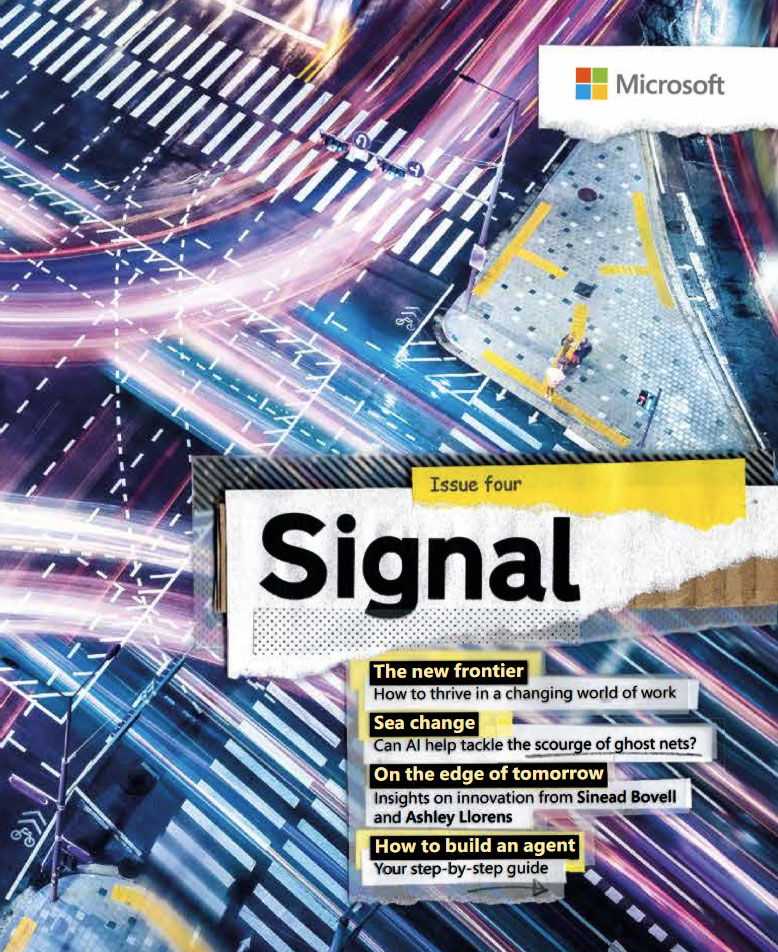 An abstract image of intersecting city roads with blurred vehicle lights, overlaid with the Microsoft logo and the magazine title “Signal.” Headlines discuss work innovation, AI, the future, and agent-building guides.