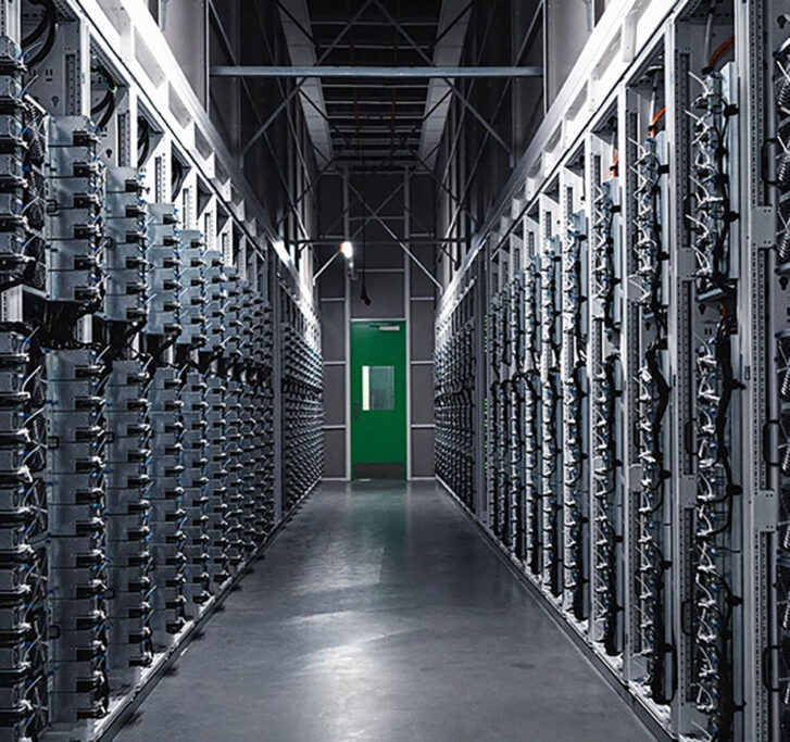 A long hallway with many rows of computer servers