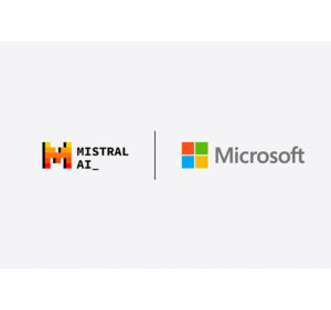 Split screen with Mistral AI and Microsoft logos