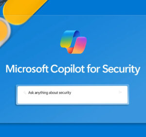 A blue screen with the sentence 'Microsoft Copilot for Security' and a search field across it