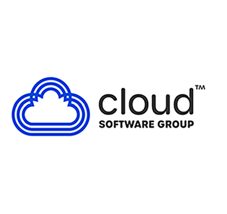 a blue outlined cloud shape with the words cloud software group