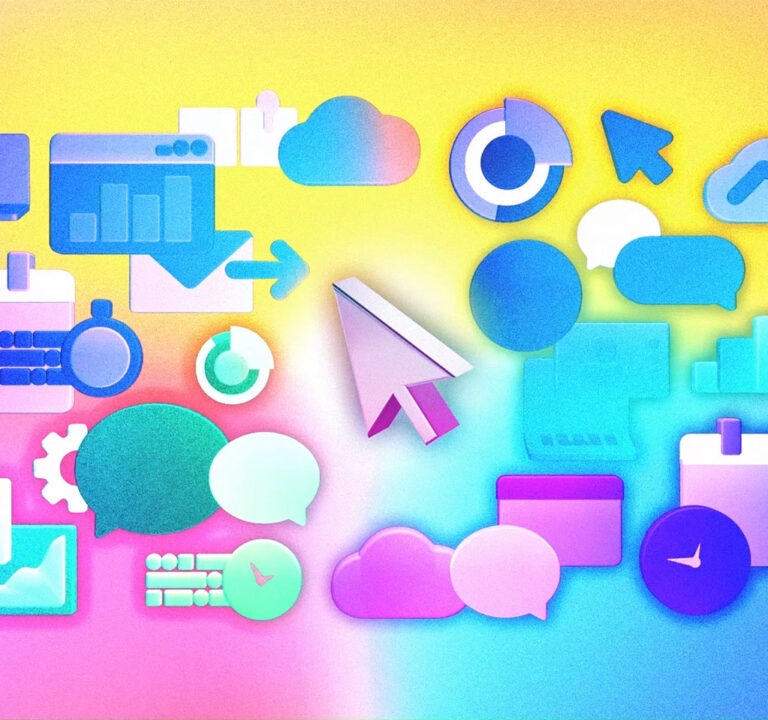 computer icons and mouse cursors on a colorful backdrop