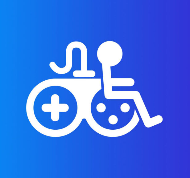 A white logo on a blue background depicting accessibility