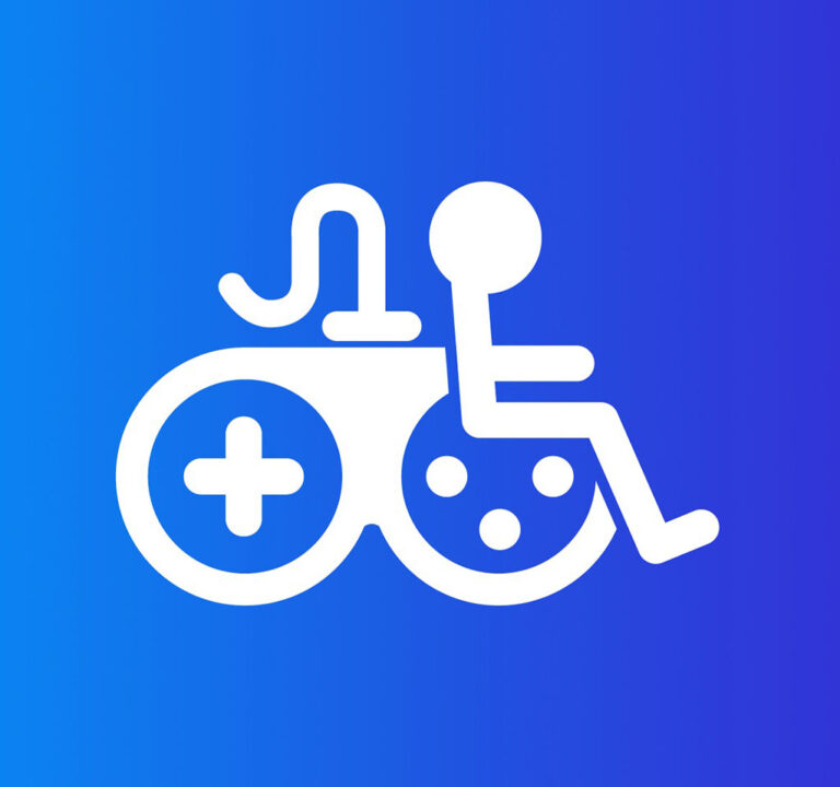 A white logo on a blue background depicting accessibility