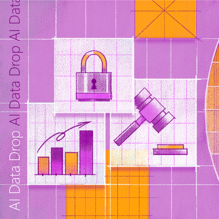 an abstract image with a lock, a bar graph and a gavel. The phrase AI data drop is written on the left edge of the image.