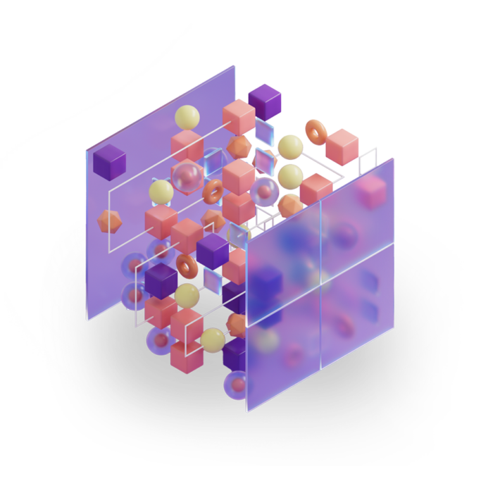 The image depicts an abstract 3D arrangement of geometric shapes, featuring translucent purple planes intersecting at various angles, with solid and semi-transparent spheres and cubes scattered throughout.