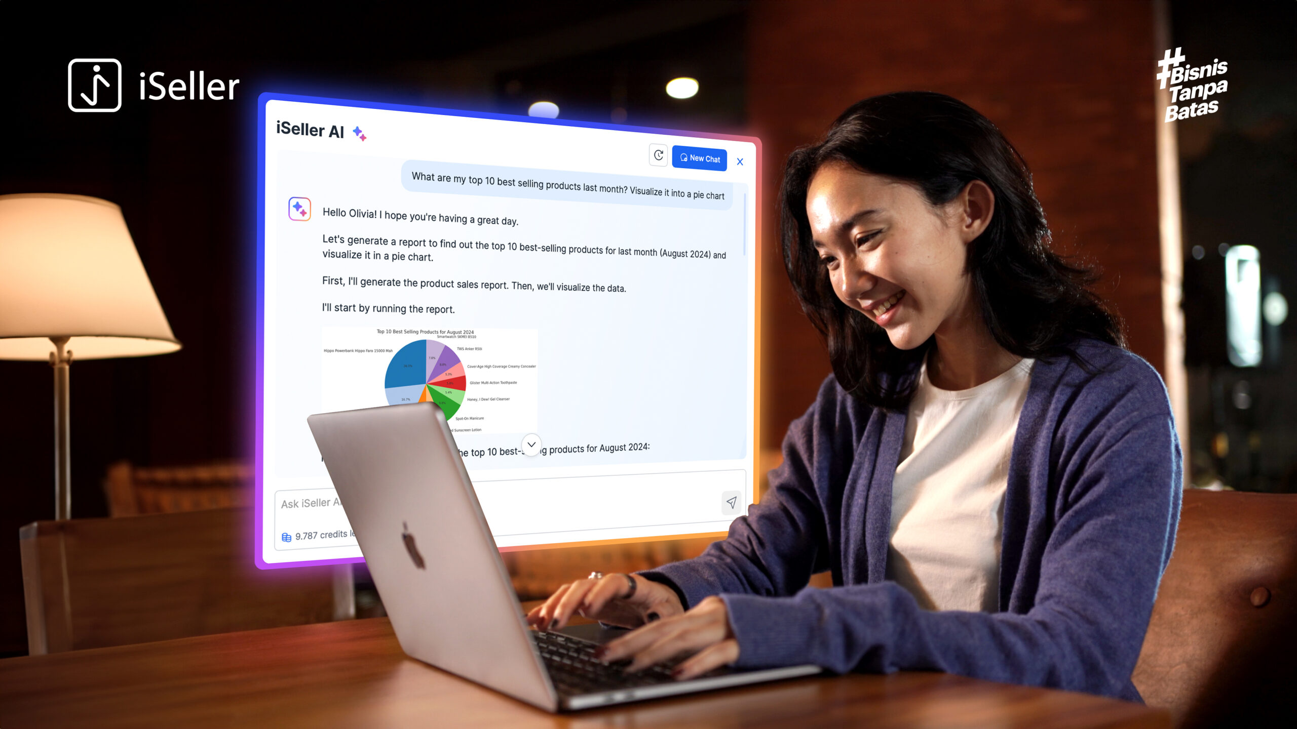 A woman typing on her laptop with iSeller AI chat conversation as a background