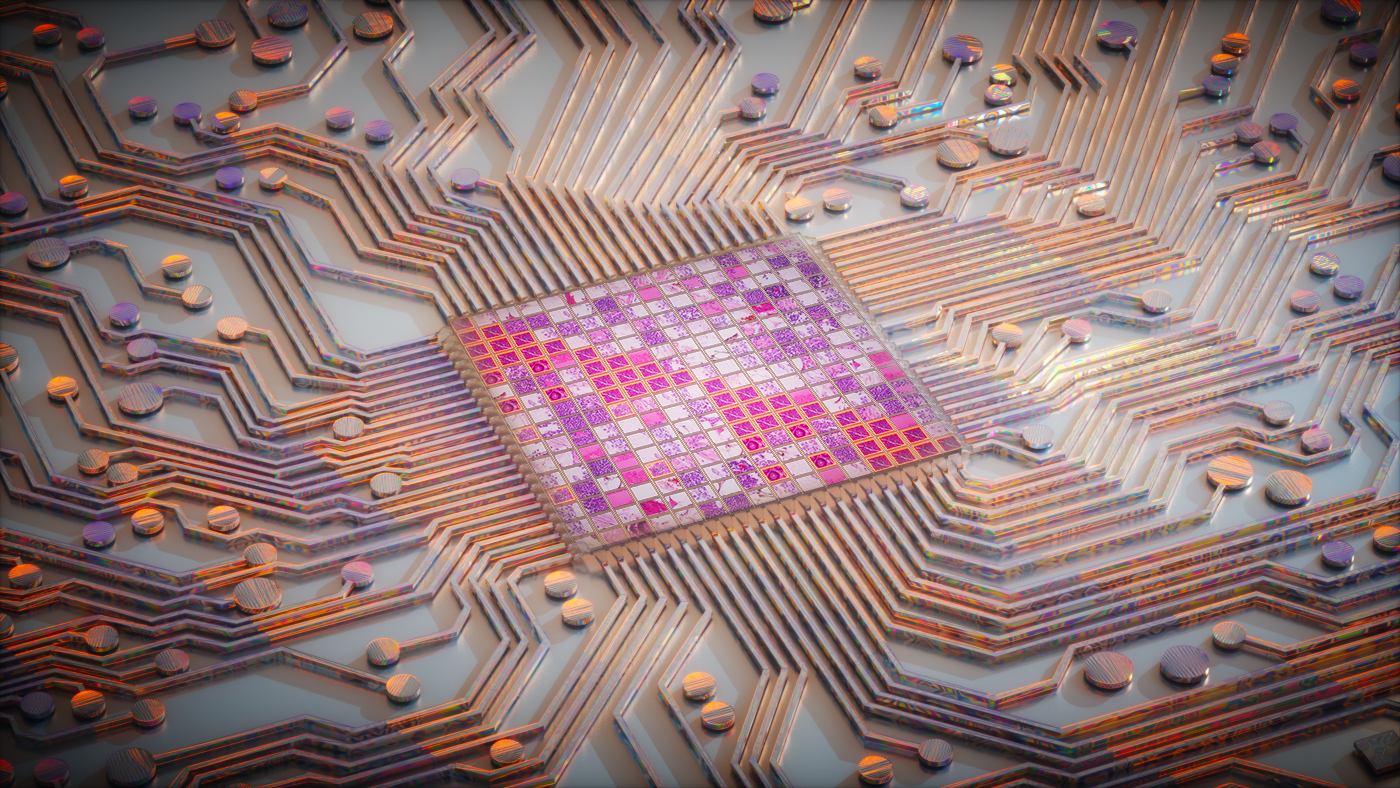 A close-up view of a complex microchip with intricate circuitry. The central area features a grid-like pattern in shades of pink and purple, surrounded by numerous interconnected pathways and nodes in metallic hues. This image highlights the detailed and sophisticated design of modern electronic components.