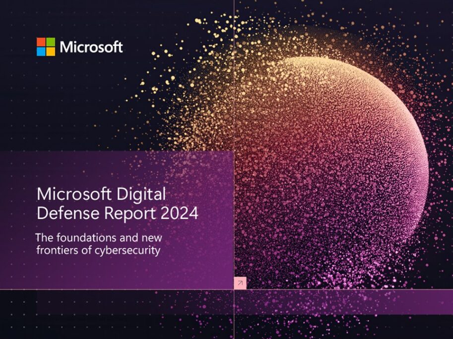 Cover of the Microsoft Digital Defense Report 2024, featuring a colorful, abstract sphere composed of numerous small particles on a dark background. The text reads ‘Microsoft Digital Defense Report 2024’ and ‘The foundations and new frontiers of cybersecurity.’ The Microsoft logo is displayed in the top left corner