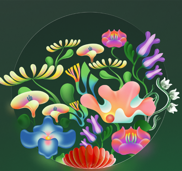 Graphics with colourful flowers and plants