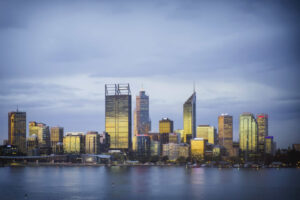 Aerial shot of city skyline in Perth, Western Australia