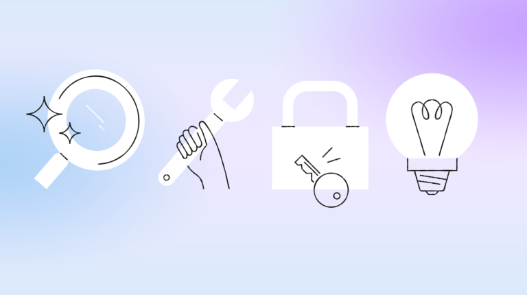 Illustration shows a magnifying glass, wrench, lock and key and a lightbulb.