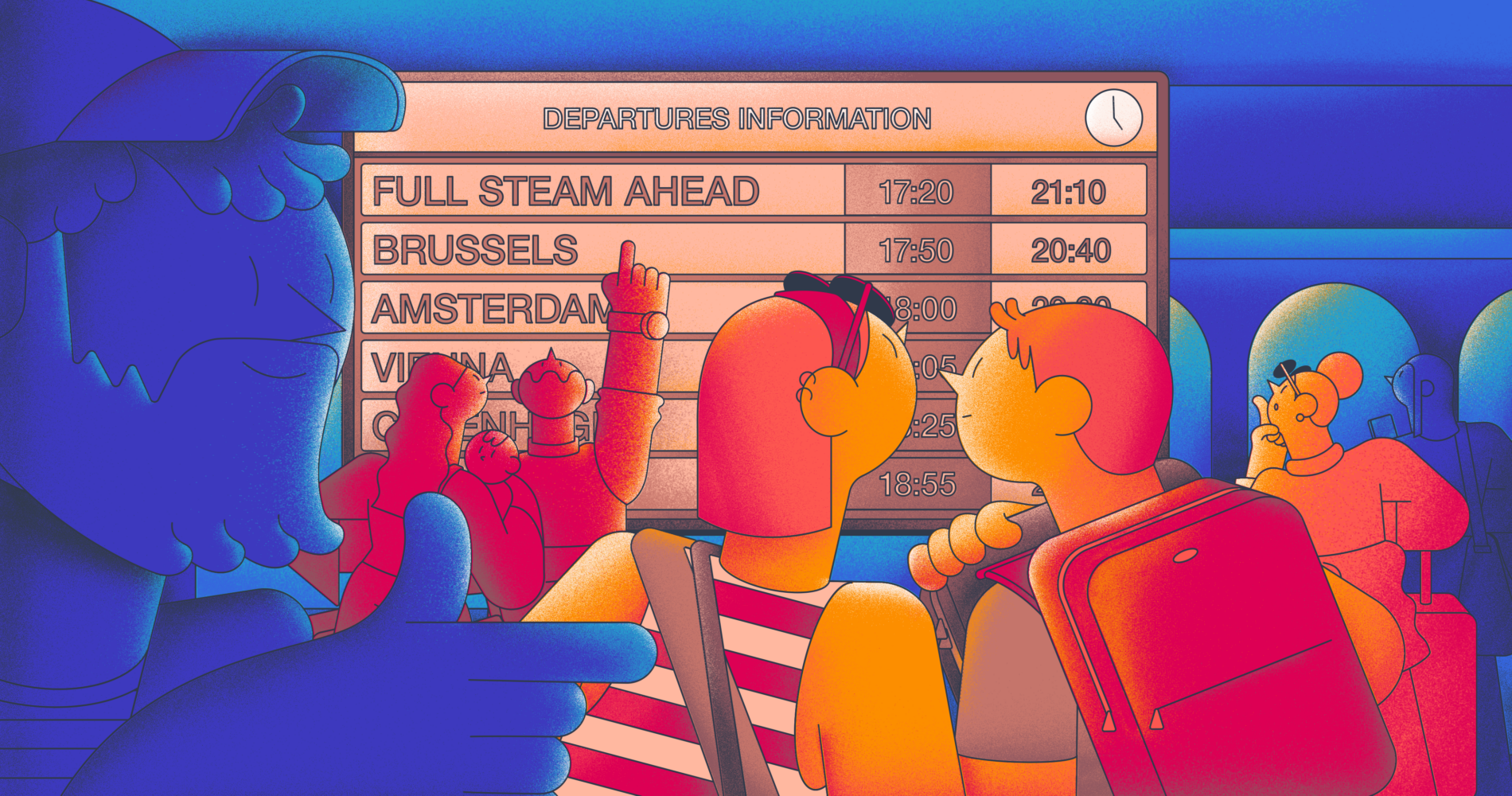 graphic illustration of people around a departures board