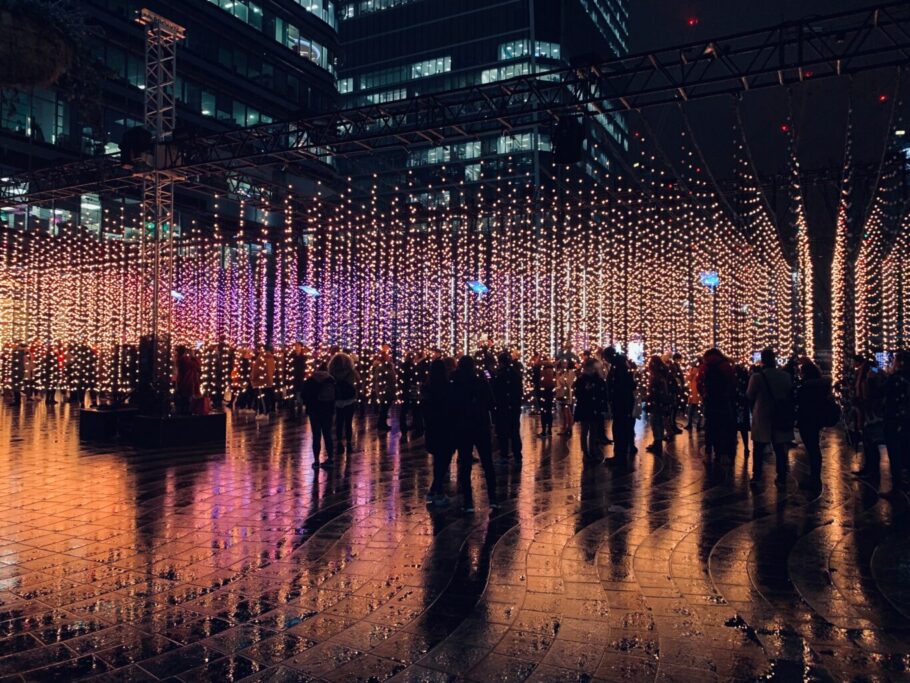 park at night with people and lights