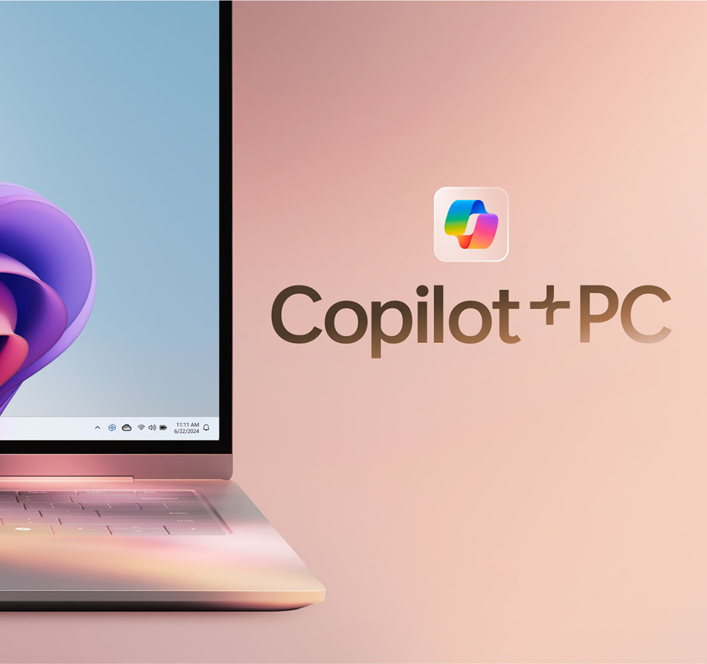 Image of the new Copilot+ PC, along with the Copilot+ logo
