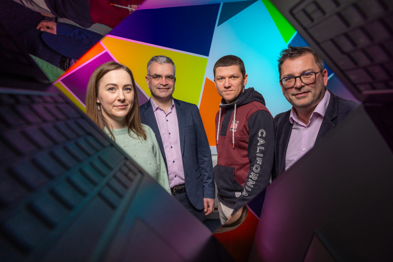 MICROSOFT SKILLING UP RURAL IRELAND FOR AI ERA: Picture shows from left Sandra Hennigan; Minister of State for Trade Promotion, Digital and Company Regulation, Dara Calleary TD; Oleksandr Krasnozhenov (Sasha); and Kieran McCorry, National Technology Officer, Microsoft Ireland at a Connected Hub in Knockmore in north Mayo as the company announced the rollout of AI Skill-Up-A-Thons to rural communities across the country and AI masterclasses for businesses. The free four-hour course is designed to help equip those with little or no understanding of AI with the basic knowledge, skills and competencies in AI. Pic:Naoise Culhane - no fee