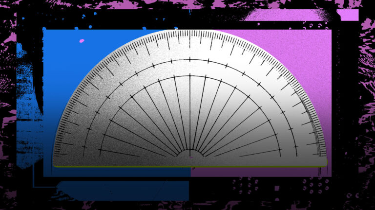 Illustration of a protractor against a vibrant background split between blue and purple, surrounded by abstract black and pink patterns.