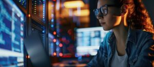 Young woman looking at bank of servers and computers in low lighting