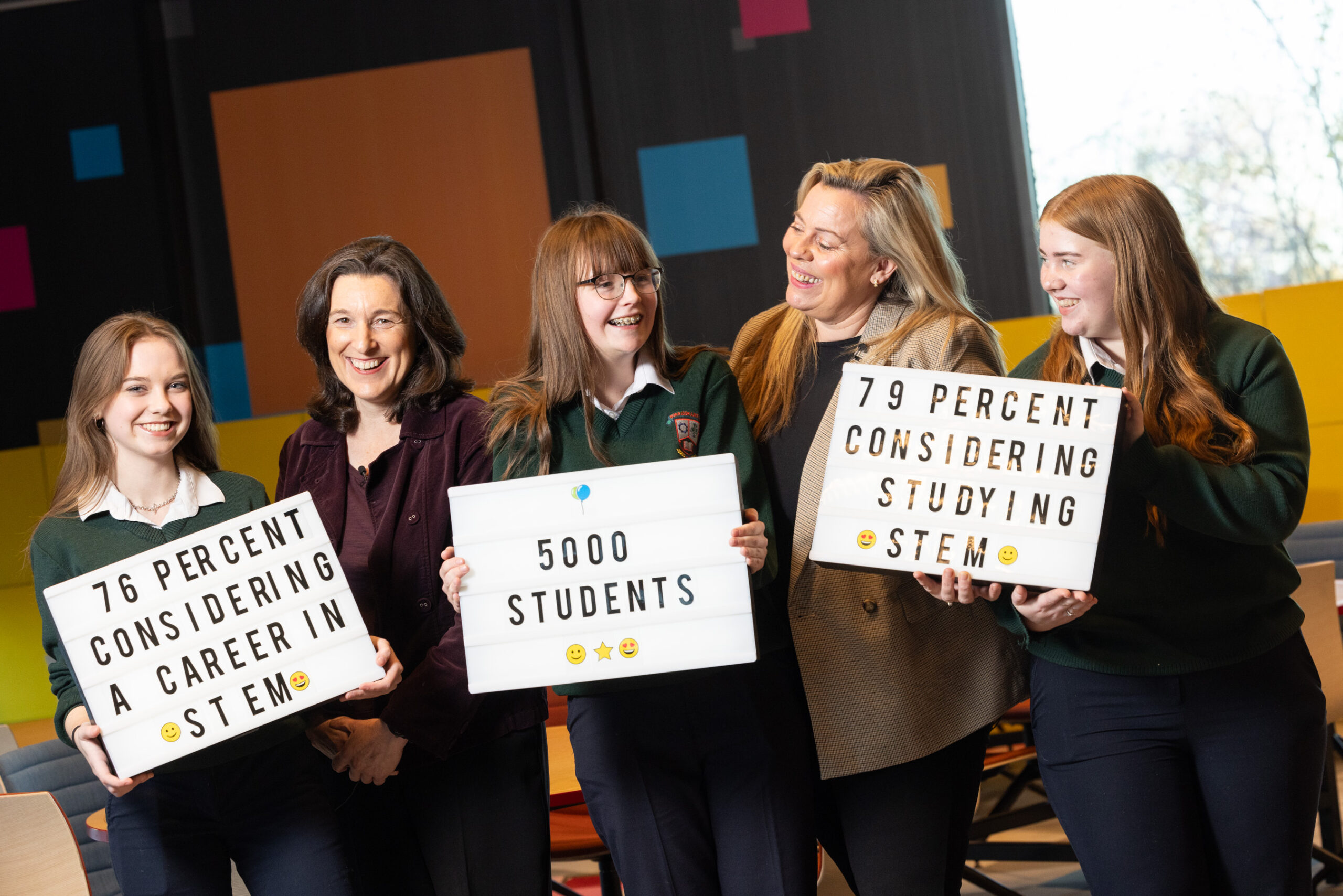 Three students at the launch of the STEM Passport for Inclusion impact event at Microsoft. Joined by Joanne Morrissey and Dr. Katriona O'Sullivan