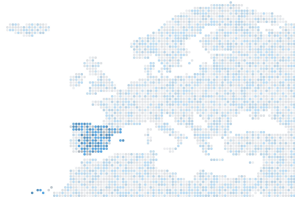 Mapa digital centrado en Europa formado por cuadrados azules sobre fondo blanco, con España destacada