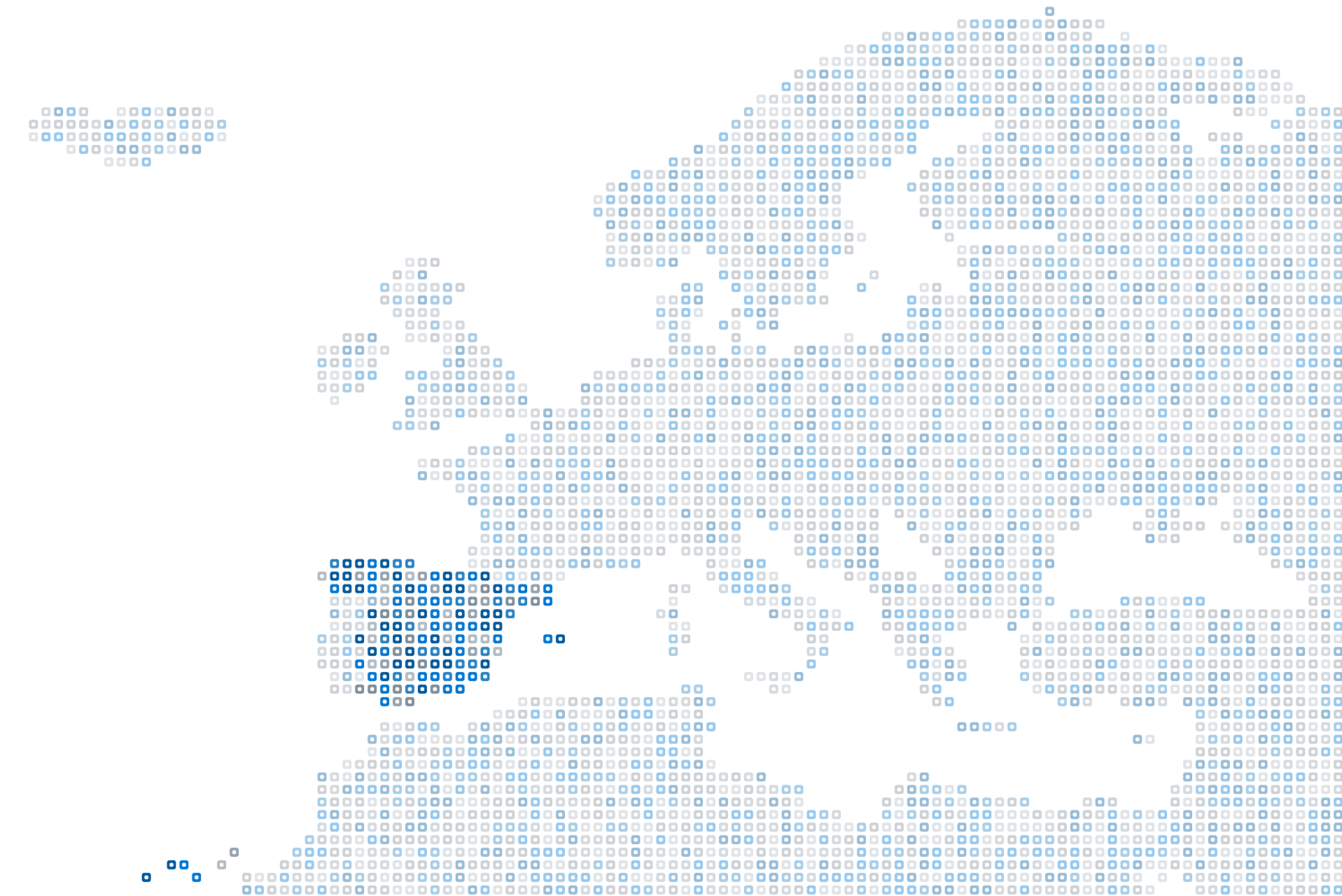 Mapa digital centrado en Europa formado por cuadrados azules sobre fondo blanco, con España destacada